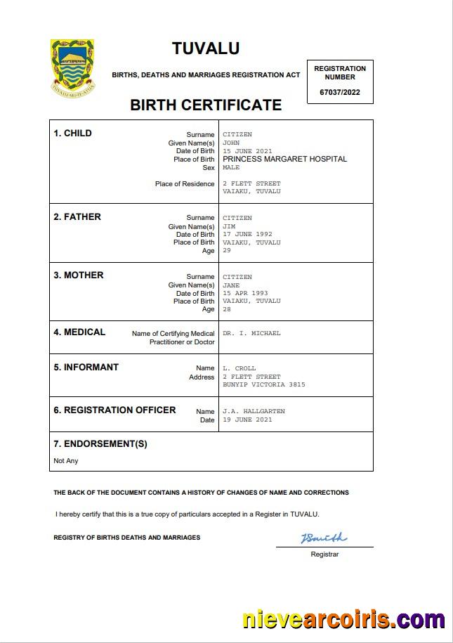 Tuvalu birth certificate